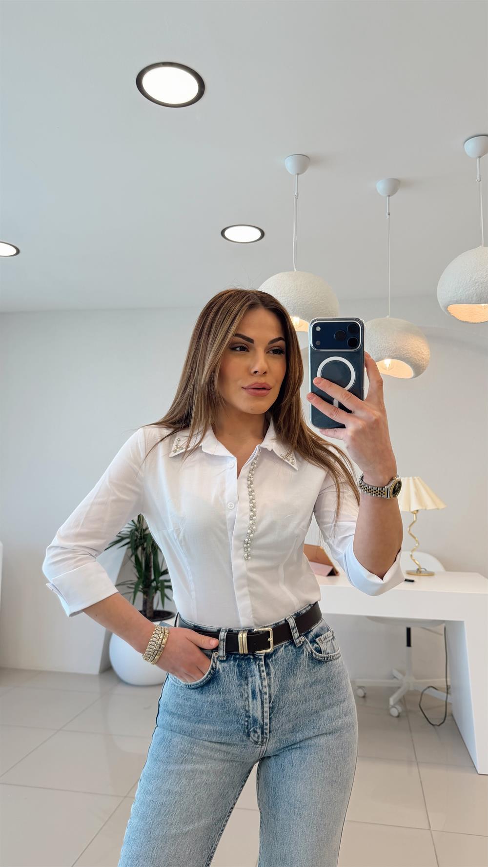 SLİM FİT TAŞLI GÖMLEK BEYAZ