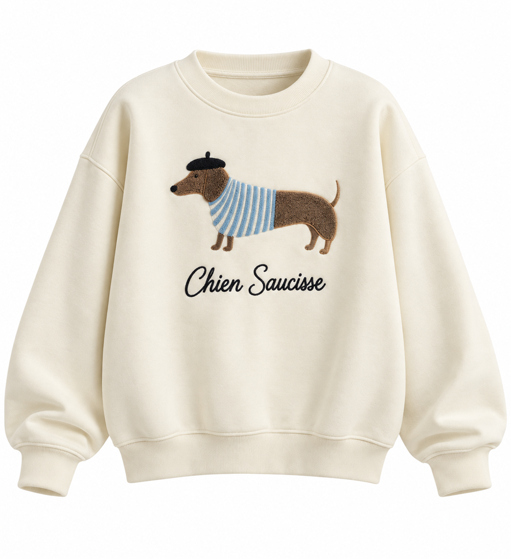Sosis Köpek nakışlı Ekru Oversize Sweatshırt