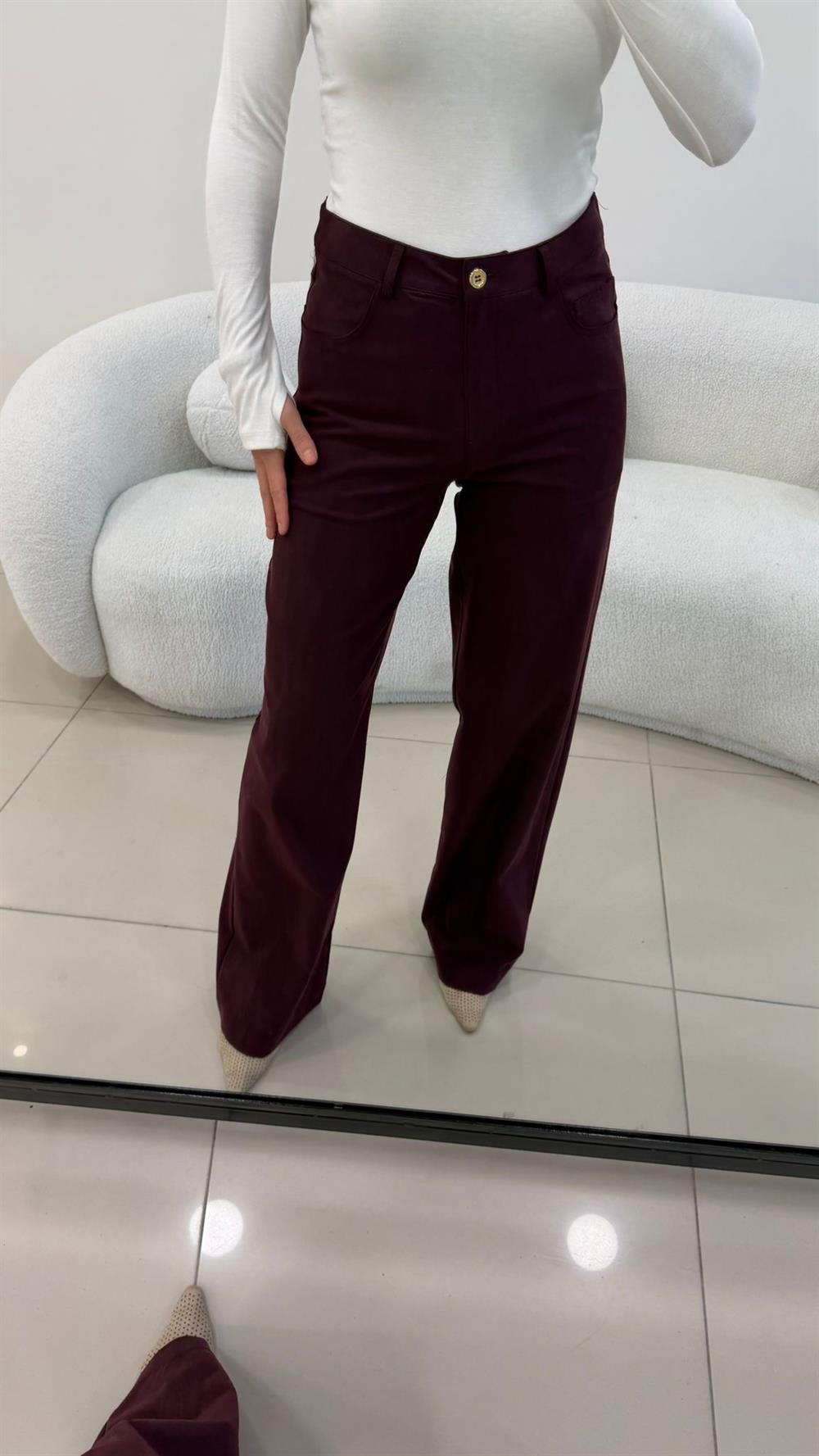 SÜET GÖRÜNÜMLÜ BORU PAÇA  KUMAŞ PANTOLON BORDO