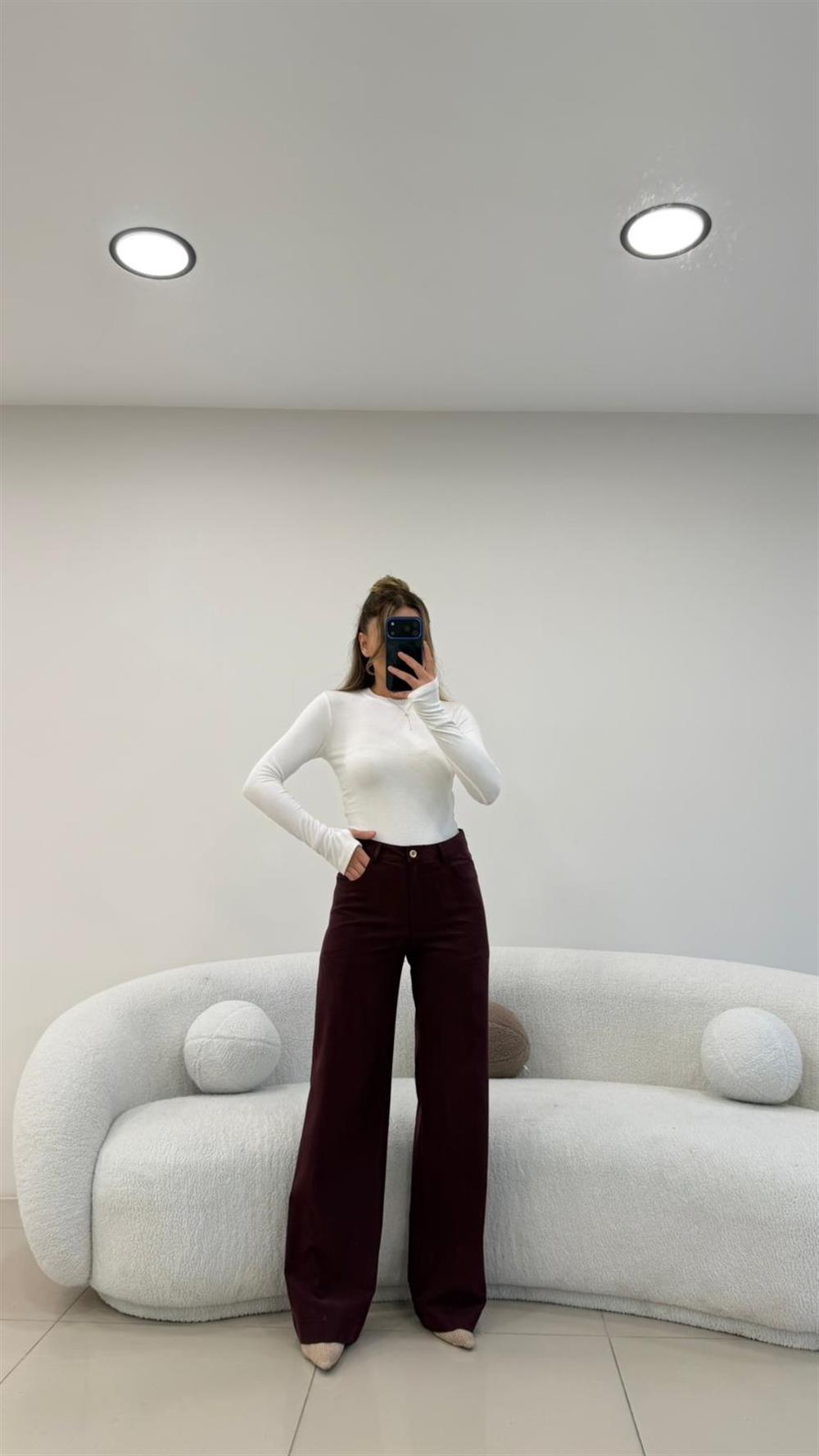 SÜET GÖRÜNÜMLÜ BORU PAÇA  KUMAŞ PANTOLON BORDO