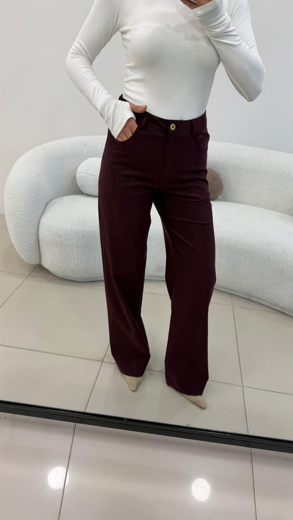 SÜET GÖRÜNÜMLÜ BORU PAÇA  KUMAŞ PANTOLON BORDO