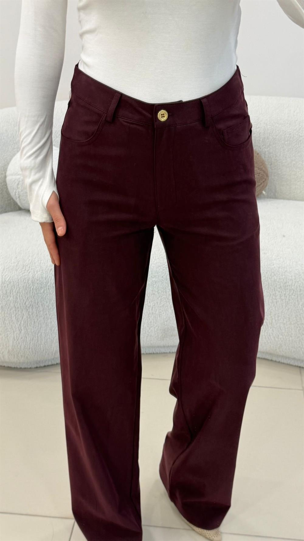 SÜET GÖRÜNÜMLÜ BORU PAÇA  KUMAŞ PANTOLON BORDO