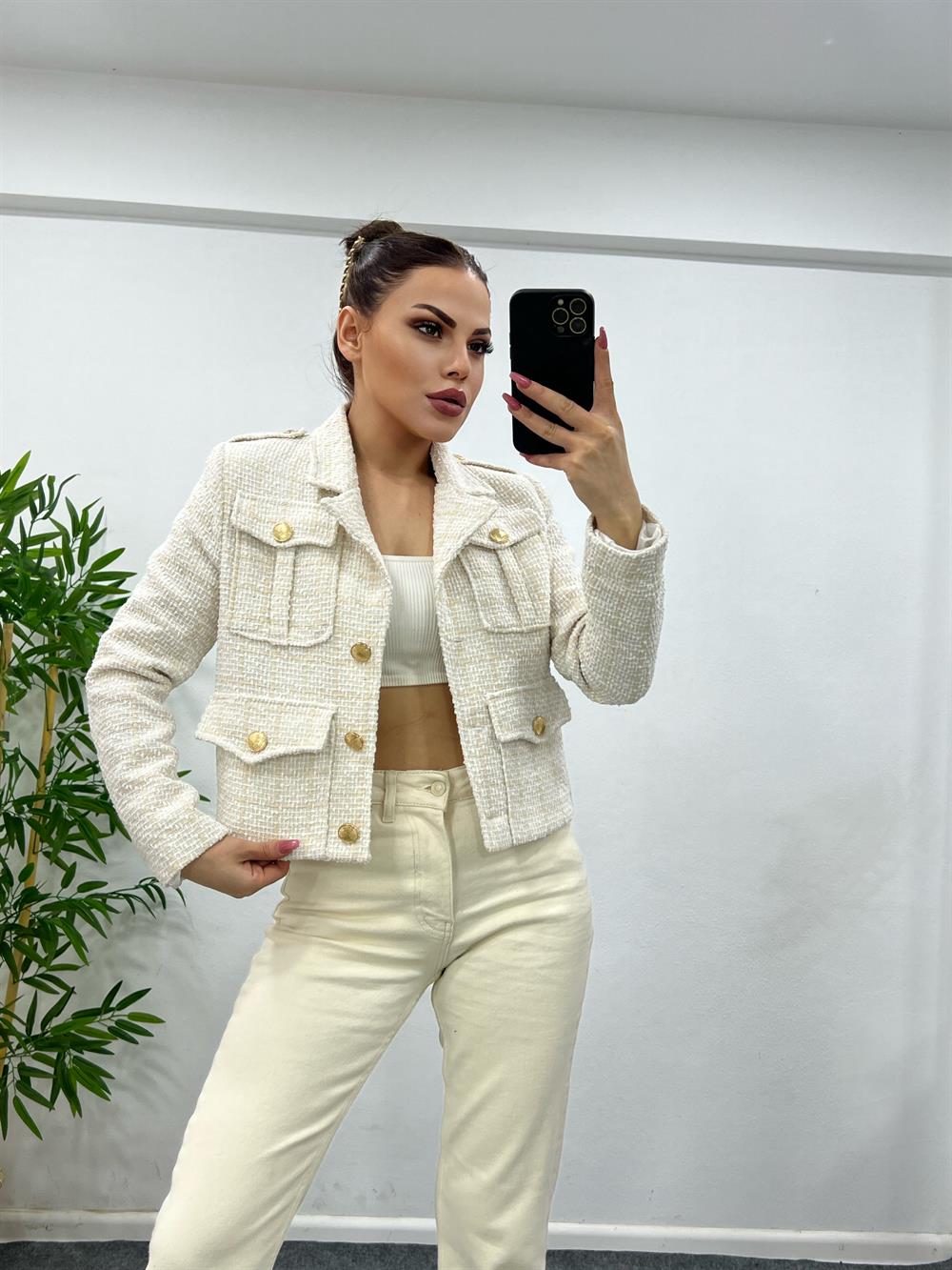 Taş Rengi̇ Gold Düğme Detayli Blazer Ceket