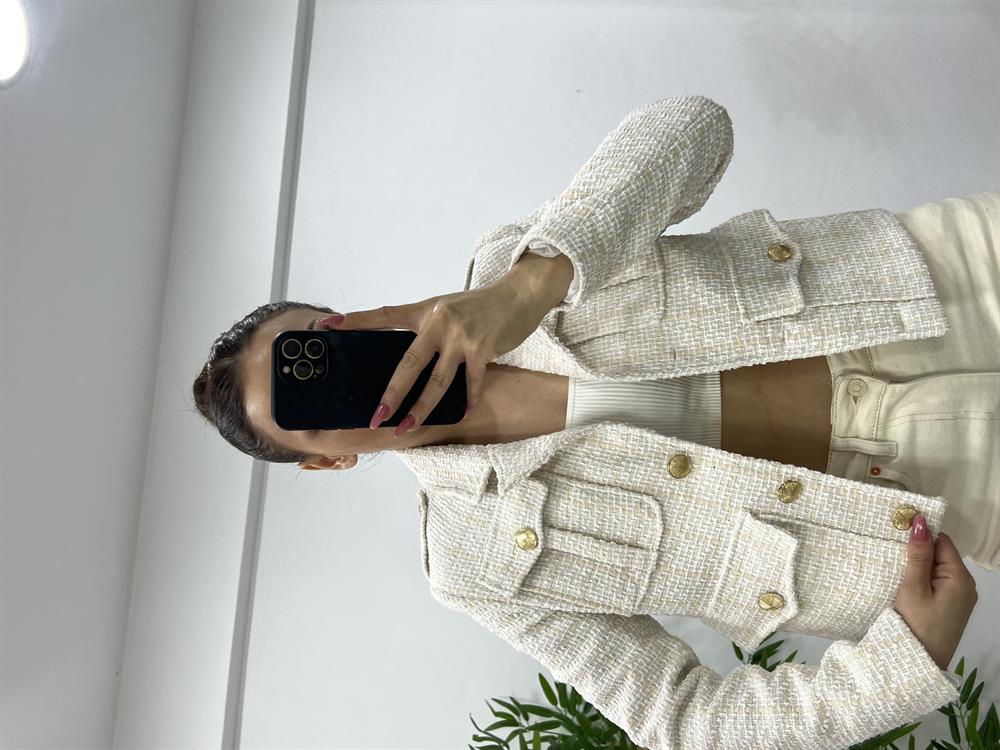 Taş Rengi̇ Gold Düğme Detayli Blazer Ceket
