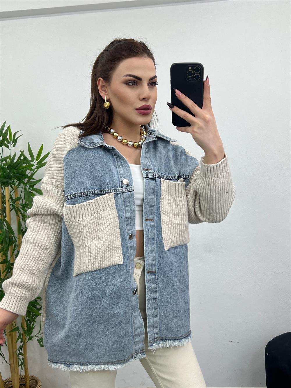 Taş Renk Örme Cepli̇ Püsküllü Jean Hirka