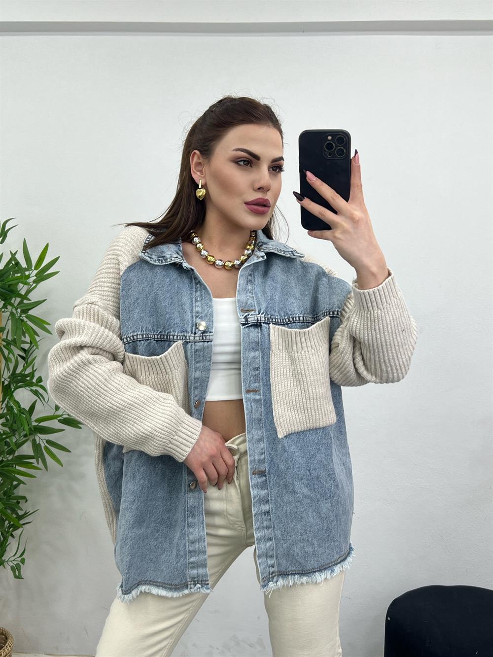 Taş Renk Örme Cepli̇ Püsküllü Jean Hirka