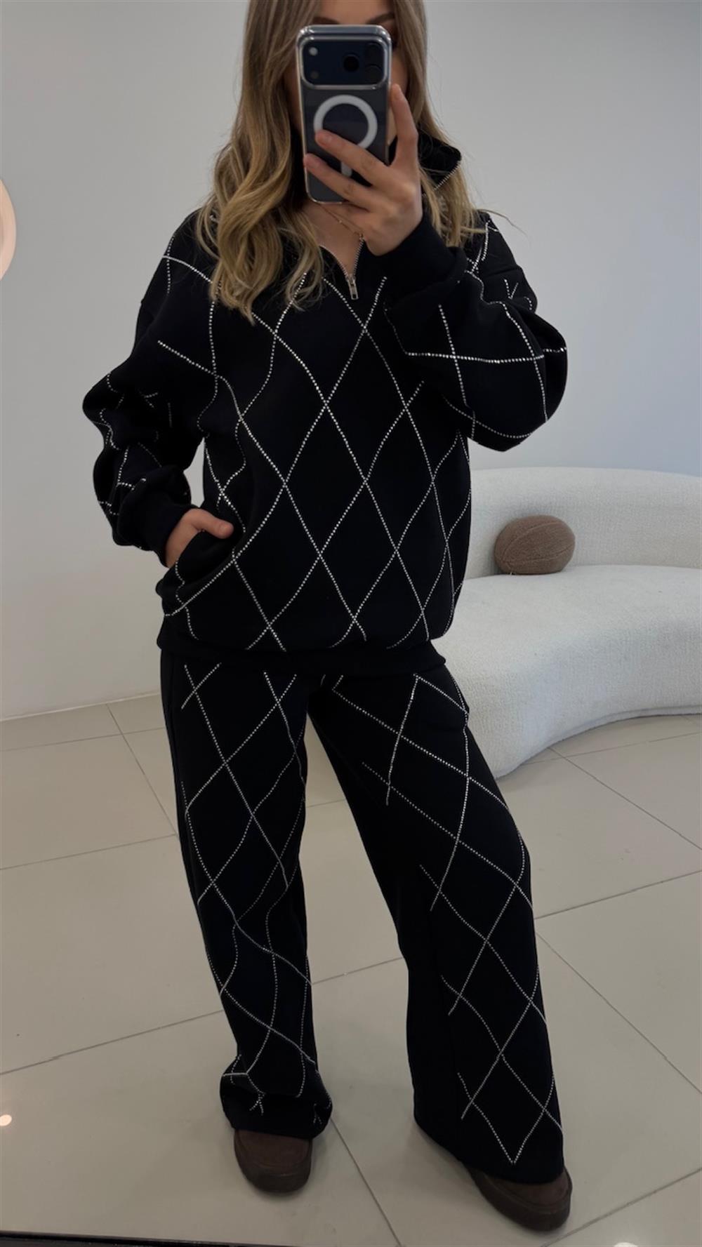 TASARIM 3 İPLİK ŞARDONLU  TAŞ DETAYLI TAKIM