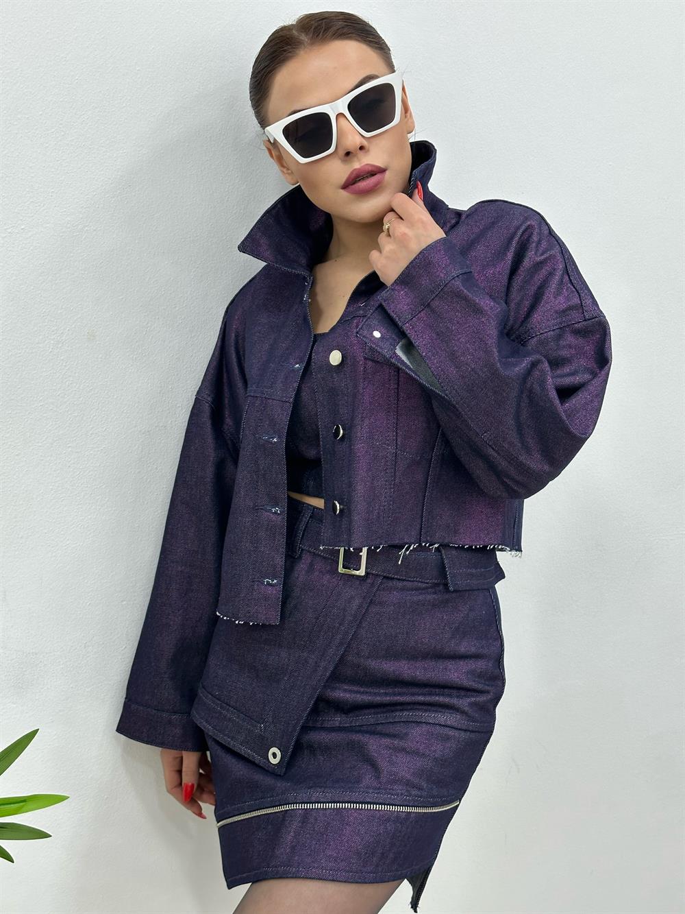 Tasarim 3 Lü Takim Laci̇vert Üzeri̇ Mor Si̇mli̇