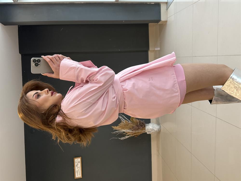 Tasarim Belden Bağlamali Popli̇n Gömlek Pembe