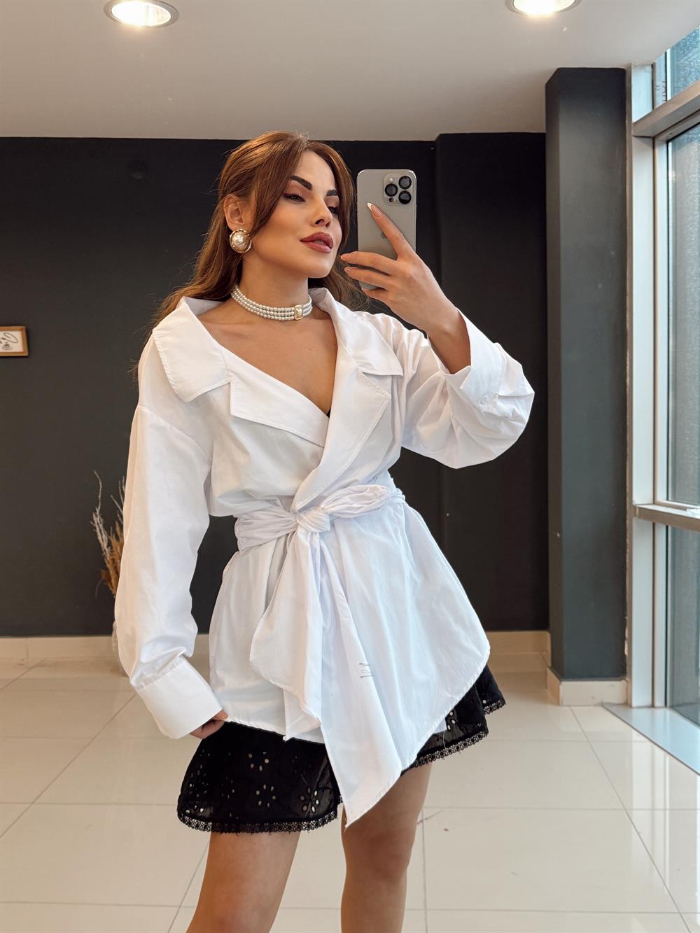 Tasarim Belden Bağlamali Popli̇n Gömlek Beyaz