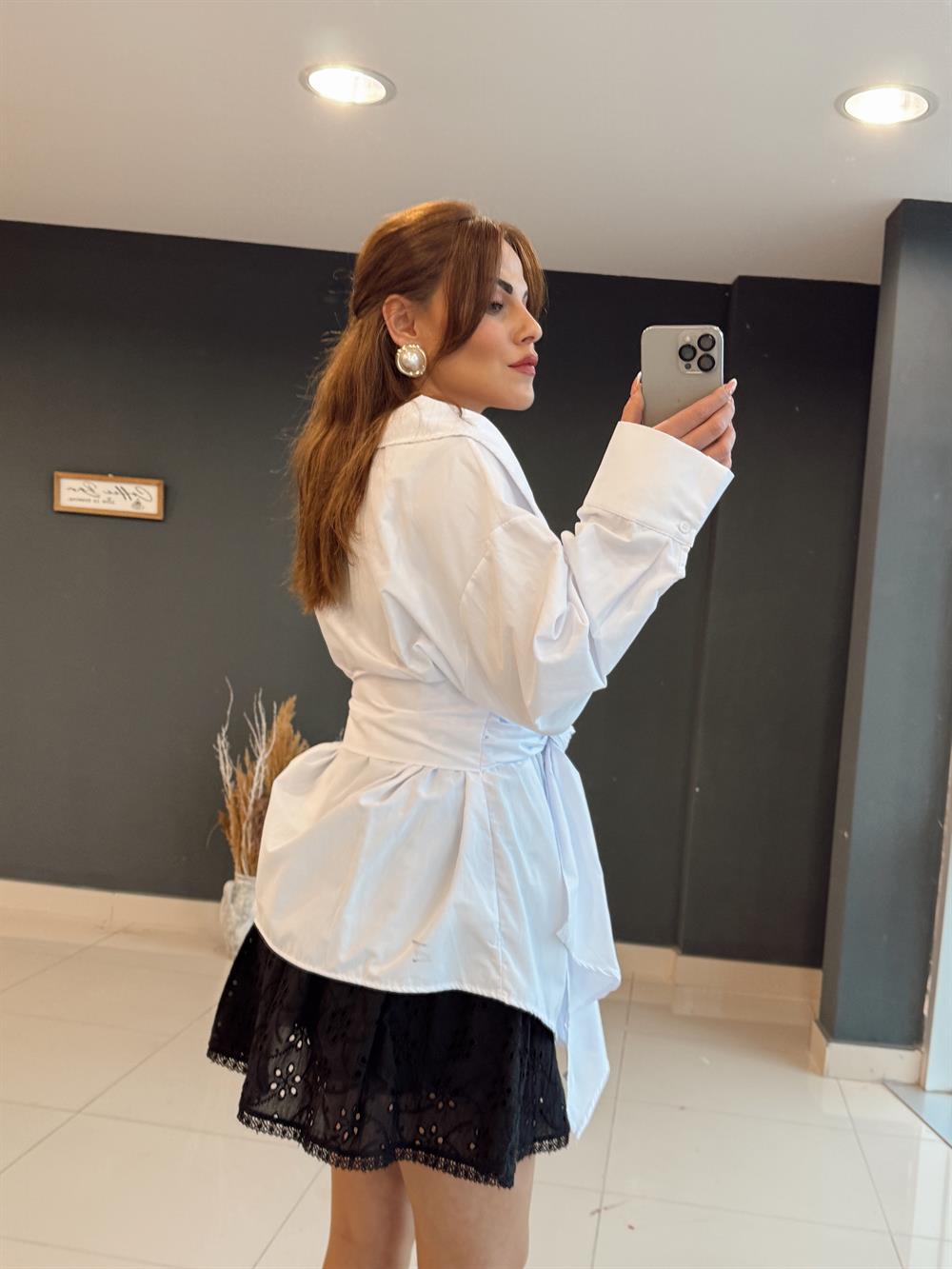 Tasarim Belden Bağlamali Popli̇n Gömlek Beyaz