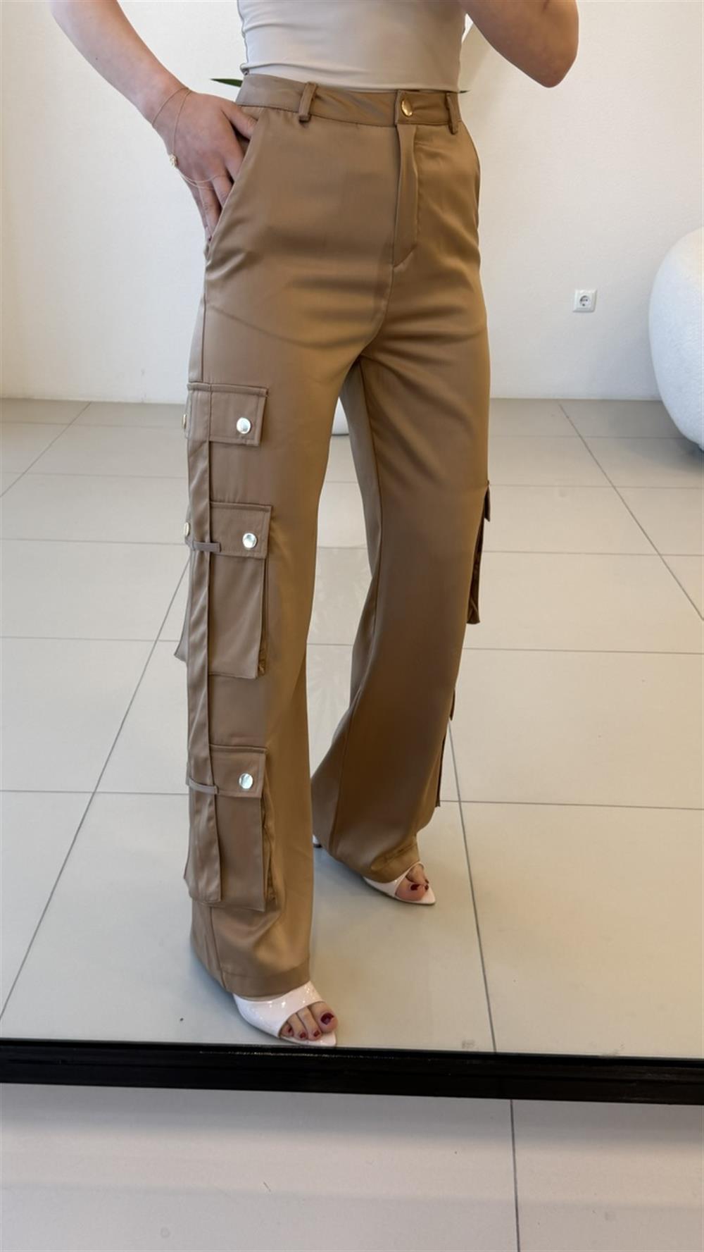 TASARIM BÜYÜK KARGO CEPLİ SATEN PANTOLON CAMEL