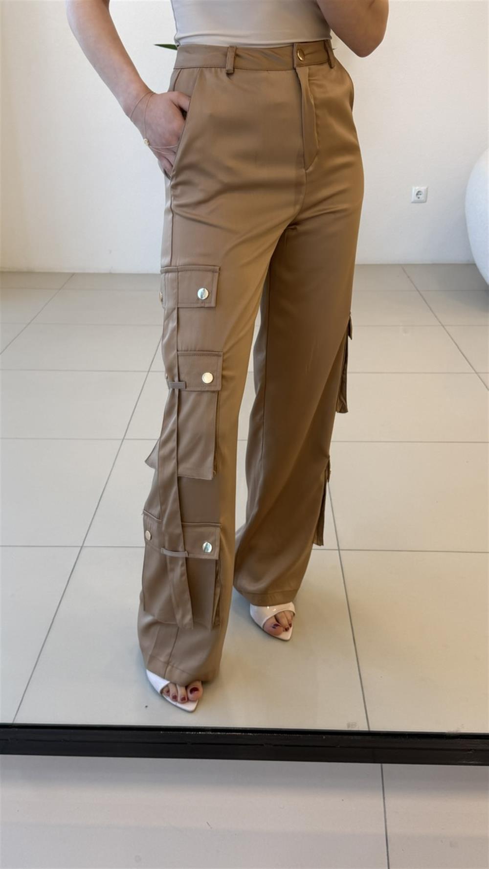 TASARIM BÜYÜK KARGO CEPLİ SATEN PANTOLON CAMEL