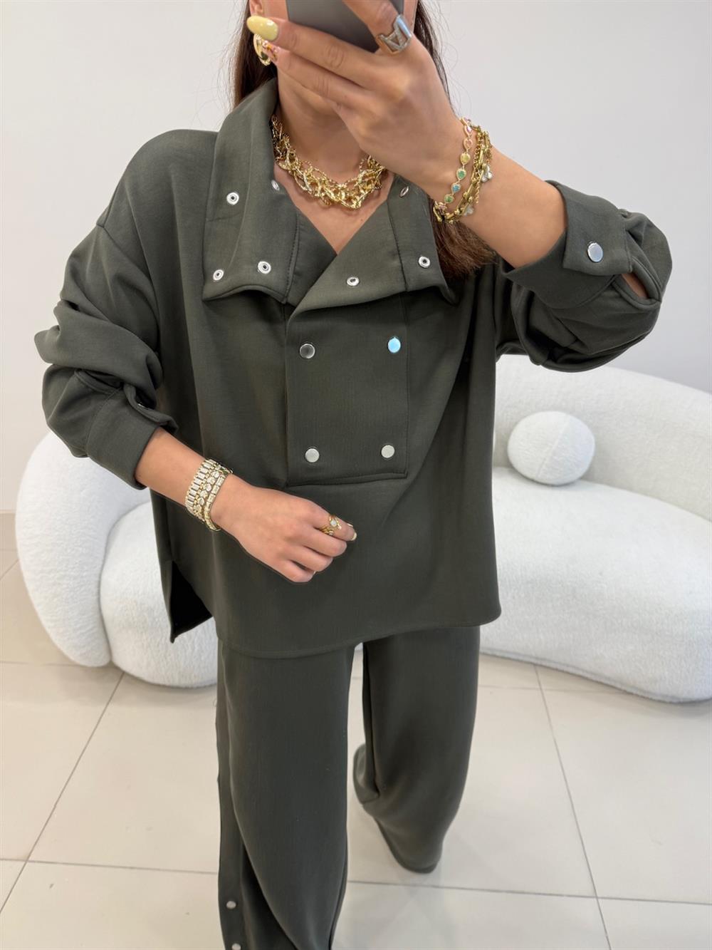 TASARIM DİK YAKA ÇITÇIT DETAYLI EŞOFMAN TAKIMI HAKİ YEŞİL