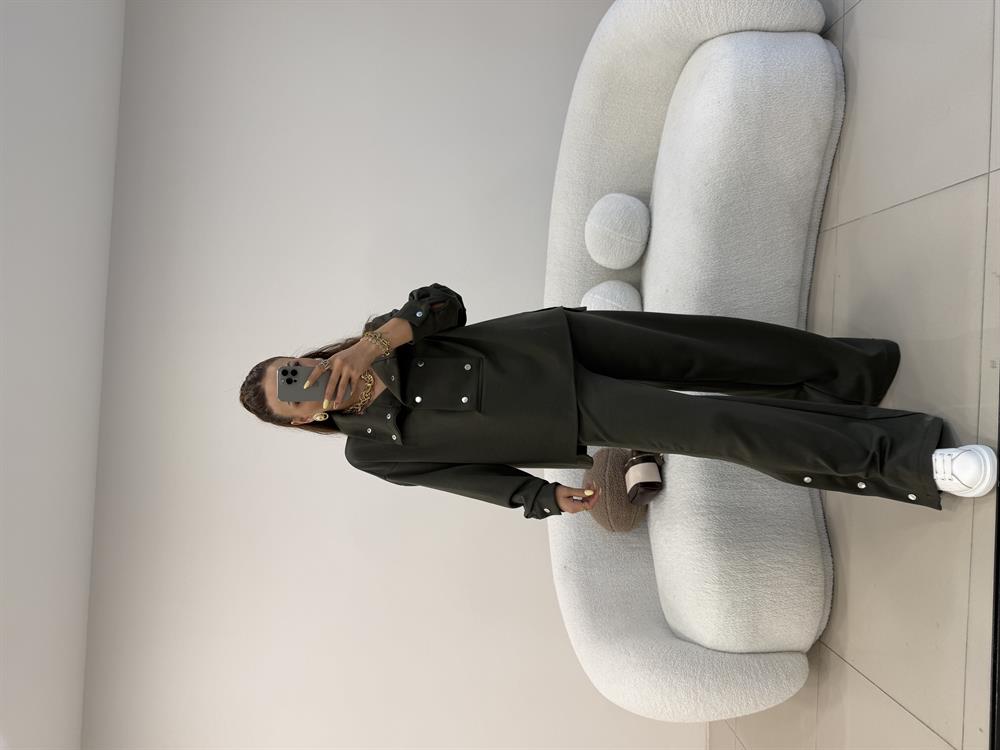 TASARIM DİK YAKA ÇITÇIT DETAYLI EŞOFMAN TAKIMI HAKİ YEŞİL