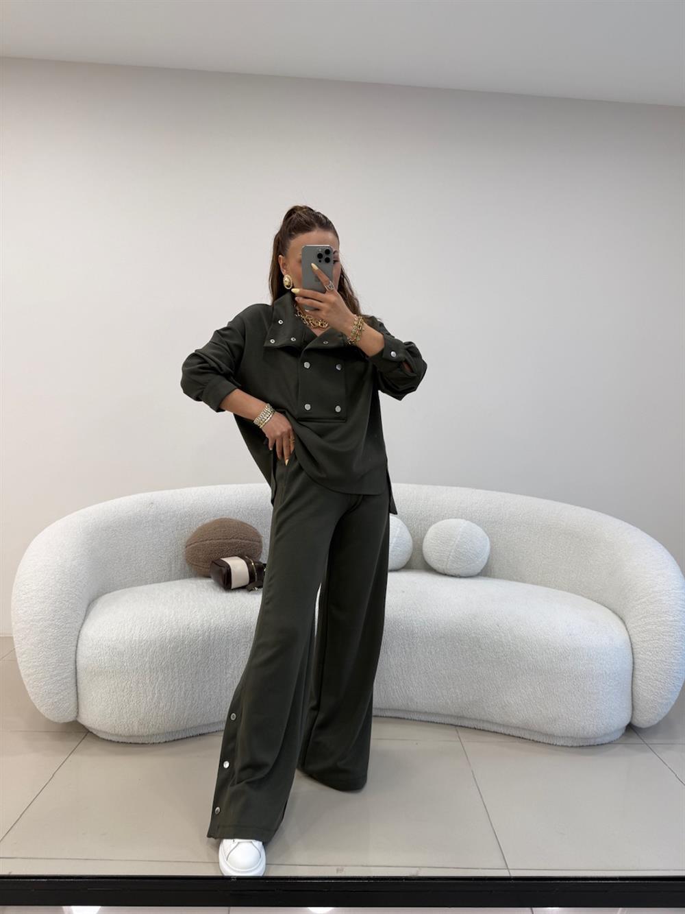 TASARIM DİK YAKA ÇITÇIT DETAYLI EŞOFMAN TAKIMI HAKİ YEŞİL