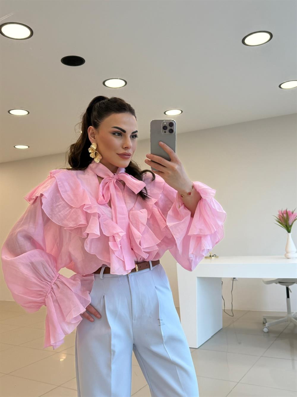 TASARIM FIRFIRLI  GÖMLEK PEMBE