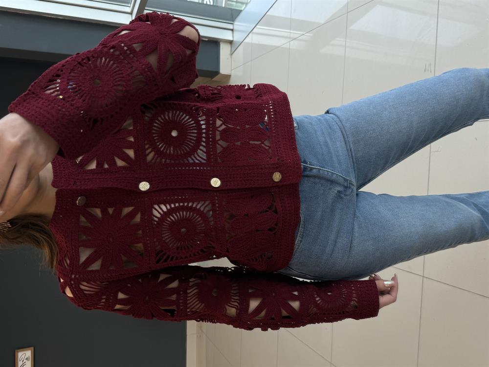 Tasarim Gol Düğmeli̇ Dantel Ceket Bordo