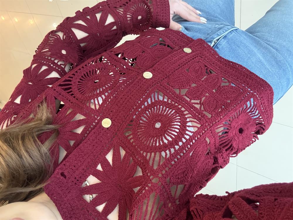 Tasarim Gol Düğmeli̇ Dantel Ceket Bordo