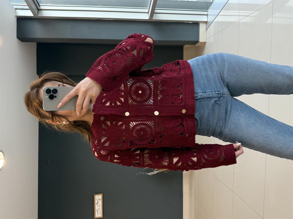 Tasarim Gol Düğmeli̇ Dantel Ceket Bordo