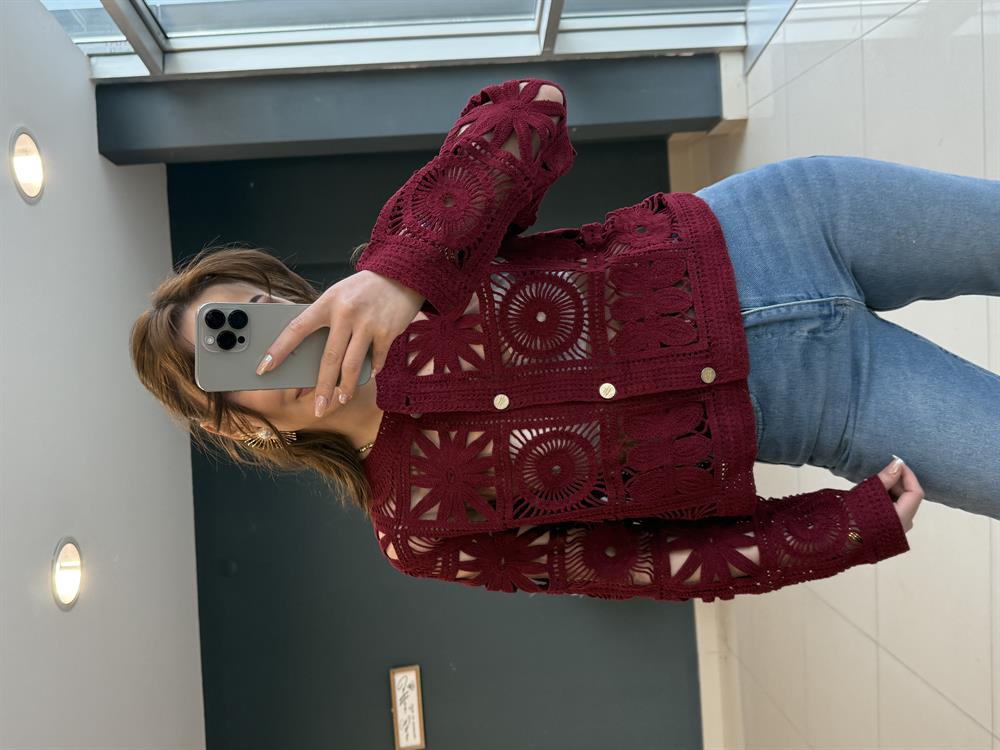 Tasarim Gol Düğmeli̇ Dantel Ceket Bordo