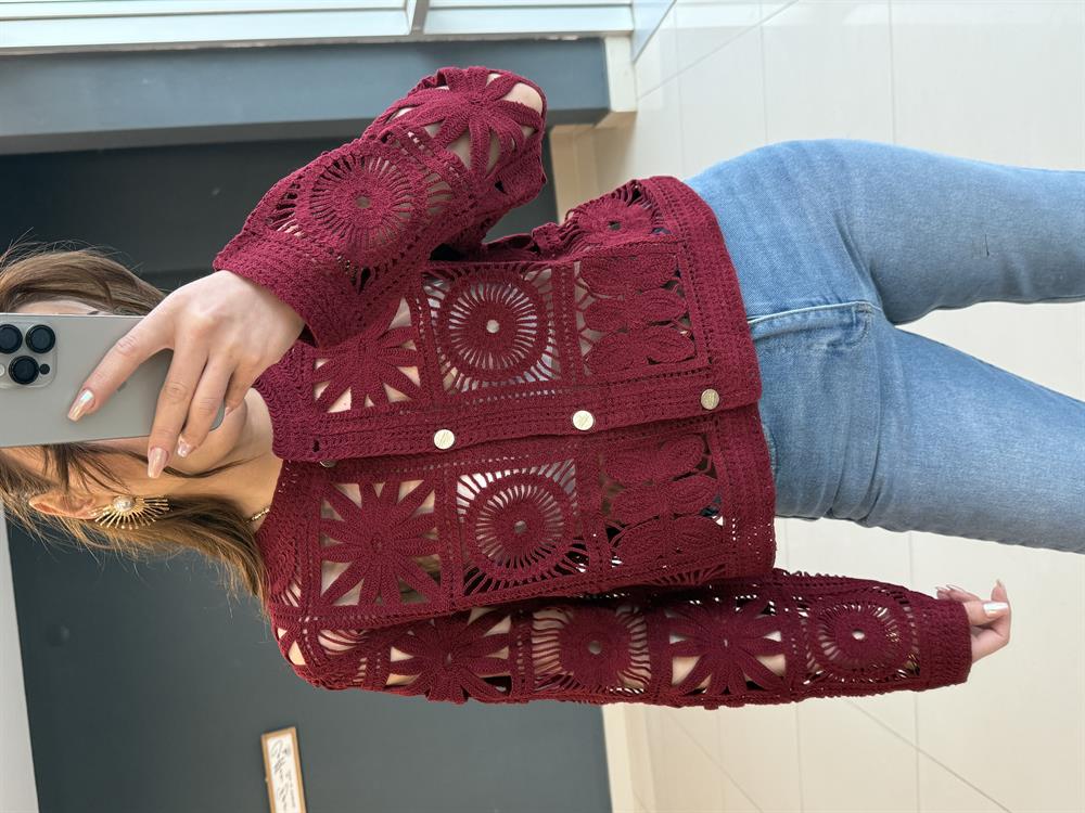 Tasarim Gol Düğmeli̇ Dantel Ceket Bordo