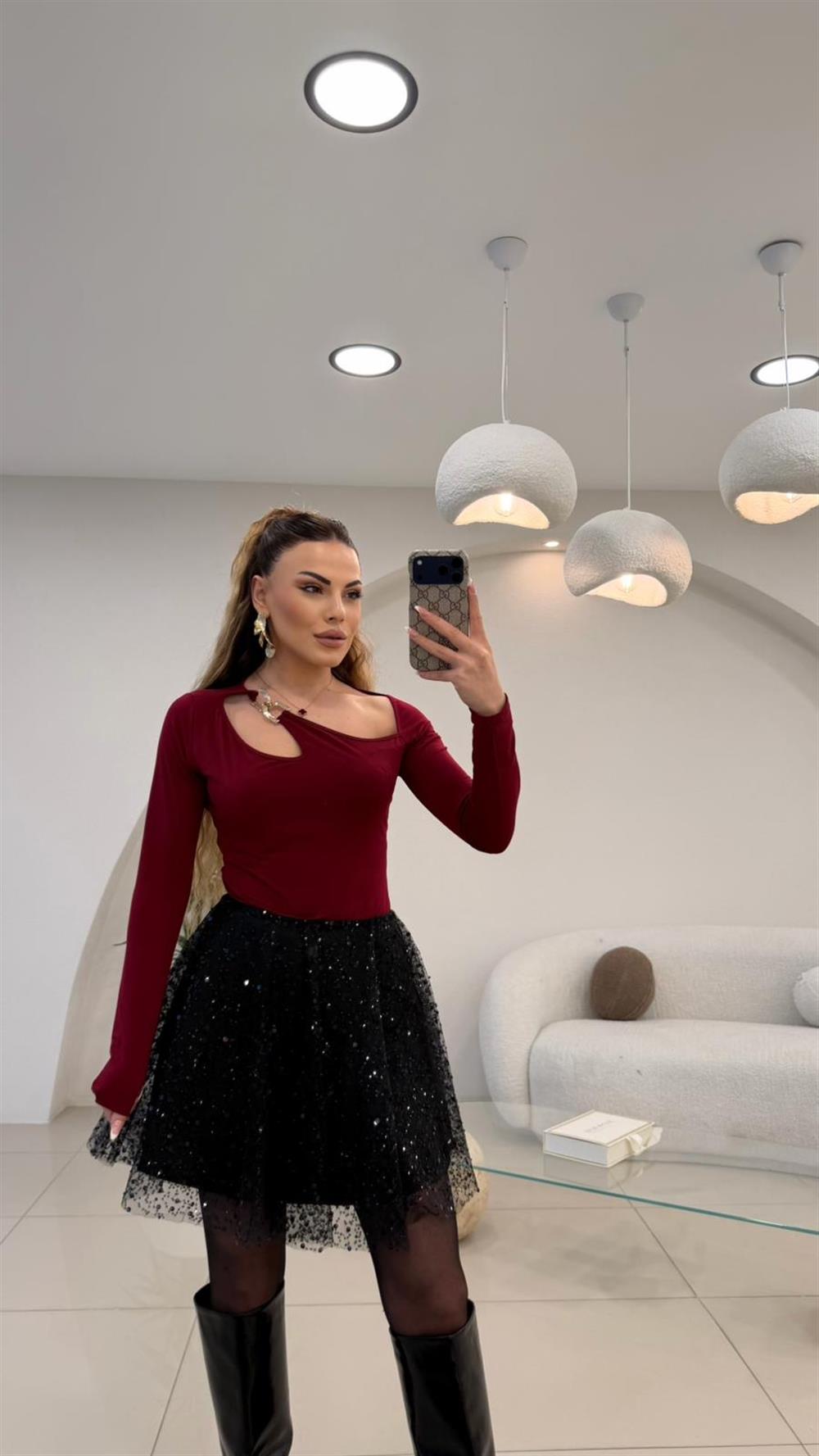 TASARIM GOLD AKSESUAR DETAYLI BLUZ  BORDO