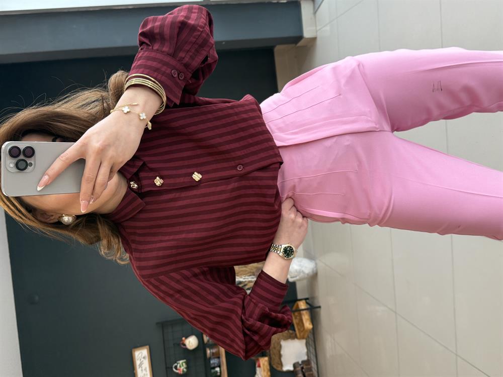 Tasarim Gold Düğmeli̇ Çi̇zgi̇li̇ Gömllelk Bordo
