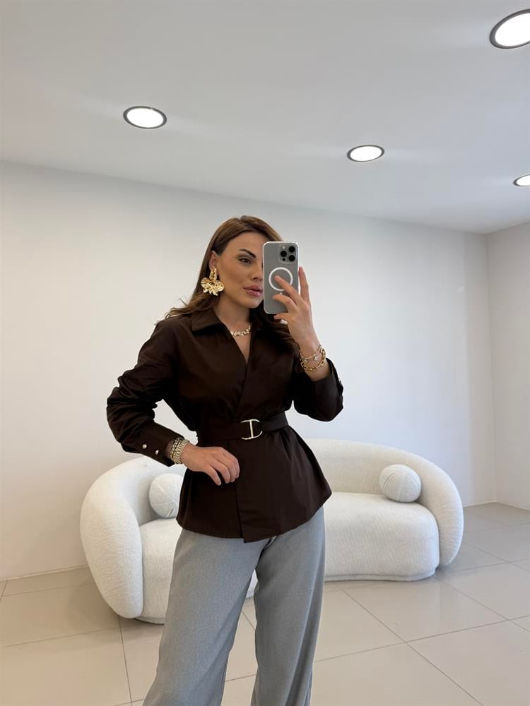 TASARIM KEMERLİ POPLİN GÖMLEK KAHVE