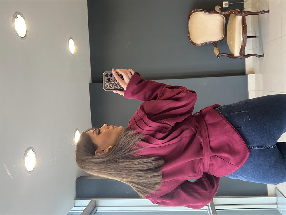 Tasarim Kemerli̇ Süet Ceket Bordo