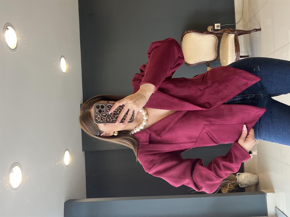 Tasarim Kemerli̇ Süet Ceket Bordo