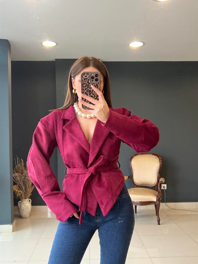 Tasarim Kemerli̇ Süet Ceket Bordo