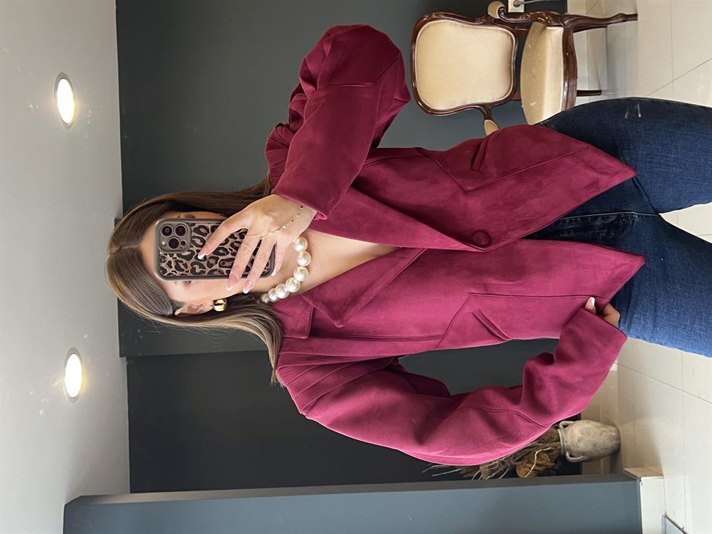 Tasarim Kemerli̇ Süet Ceket Bordo