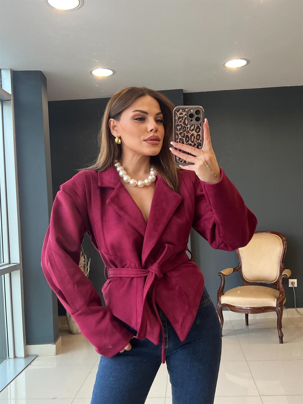 Tasarim Kemerli̇ Süet Ceket Bordo
