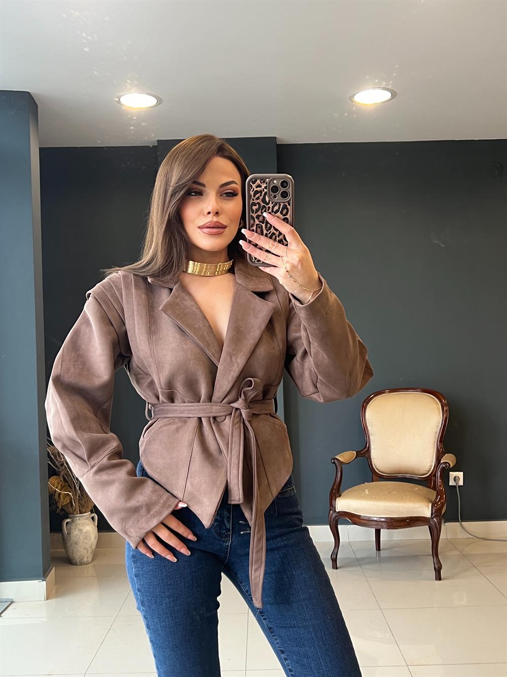 Tasarim Kemerli̇ Süet Ceket Kahve