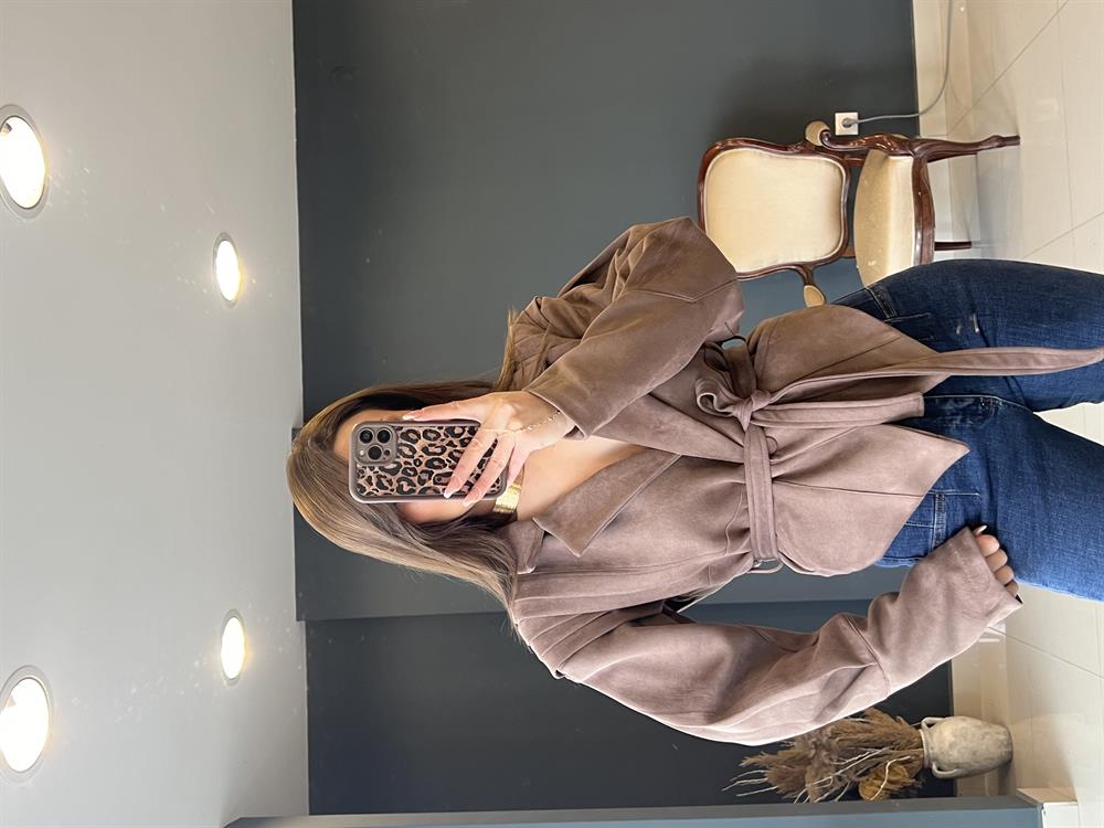 Tasarim Kemerli̇ Süet Ceket Kahve