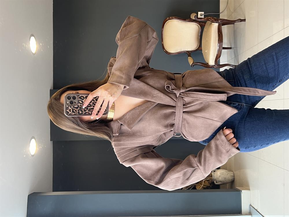 Tasarim Kemerli̇ Süet Ceket Kahve