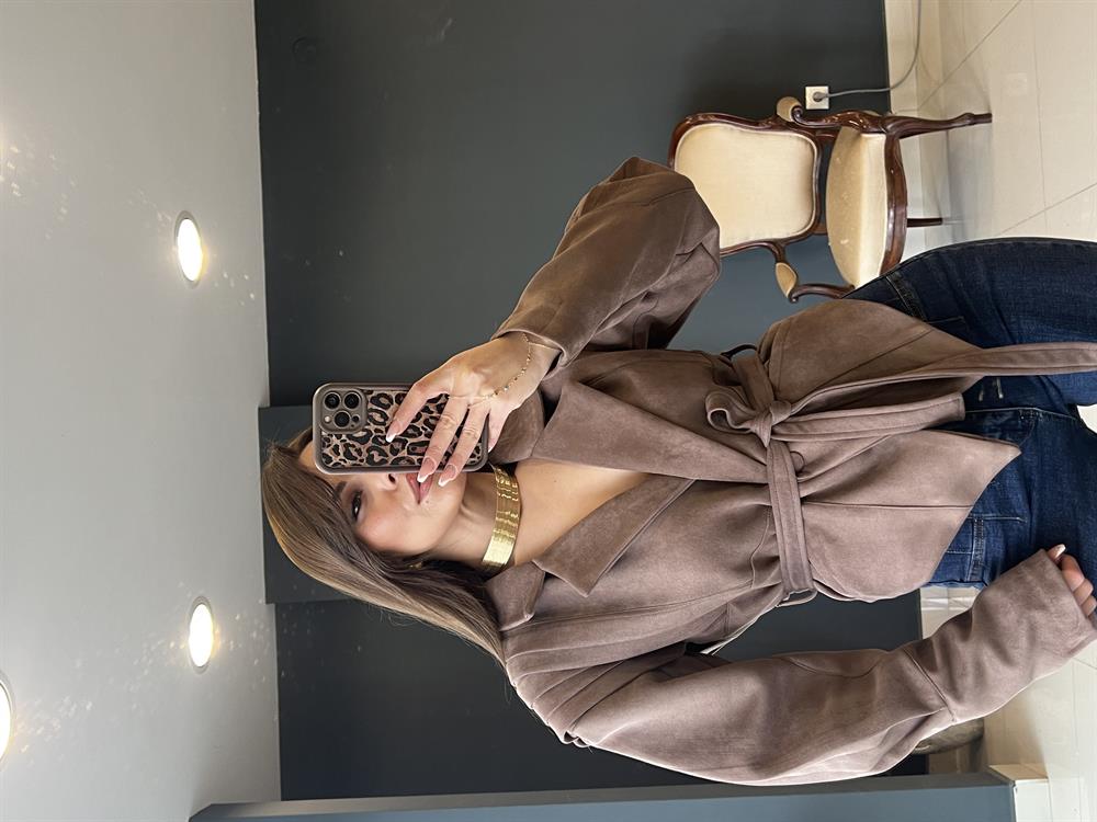 Tasarim Kemerli̇ Süet Ceket Kahve