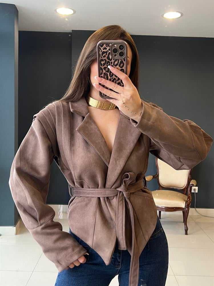 Tasarim Kemerli̇ Süet Ceket Kahve