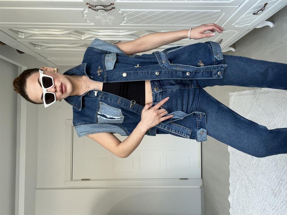 Tasarim Kendi̇nden Kuşakli Deni̇m Yelek