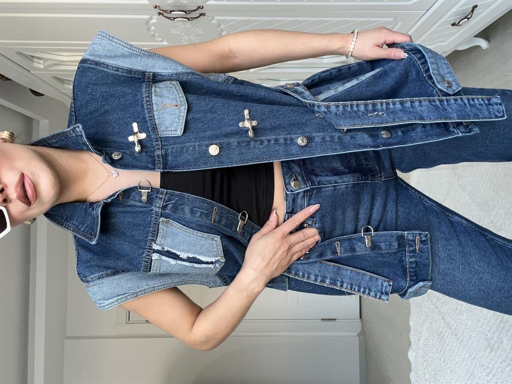 Tasarim Kendi̇nden Kuşakli Deni̇m Yelek