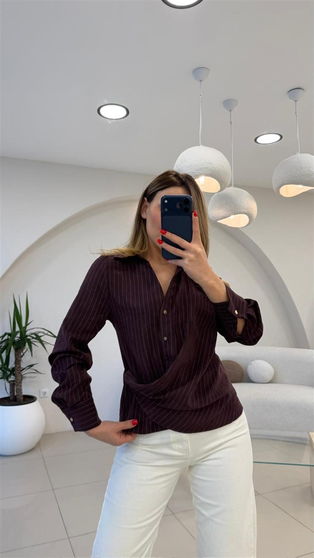 TASARIM KRUVAZE ÇİZGİLİ GÖMLEK BORDO