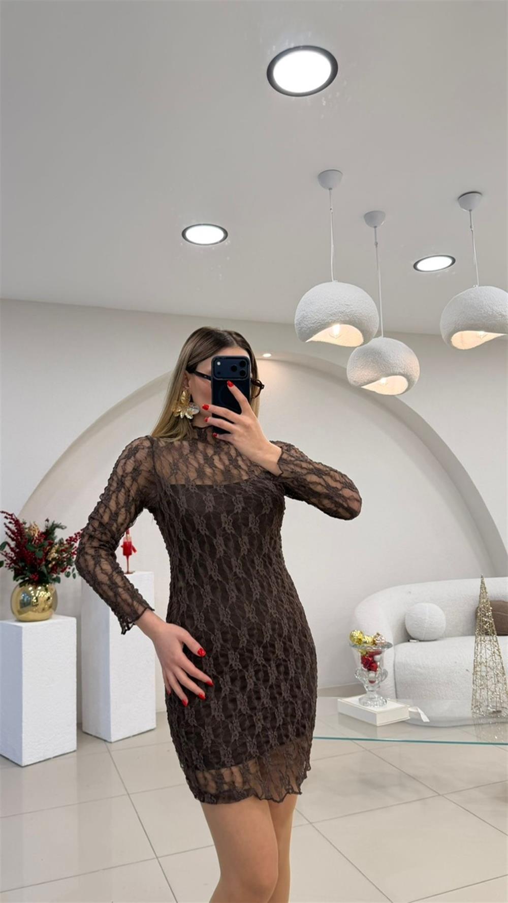 TASARIM MİNİ TÜL ELBİSE KAHVE