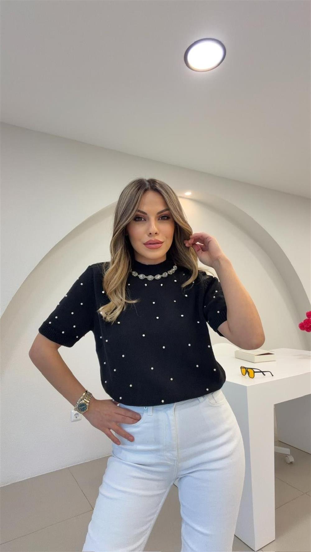 TASARIM TAŞ VE İNCİ DETAYLI KISA KOL KAZAK