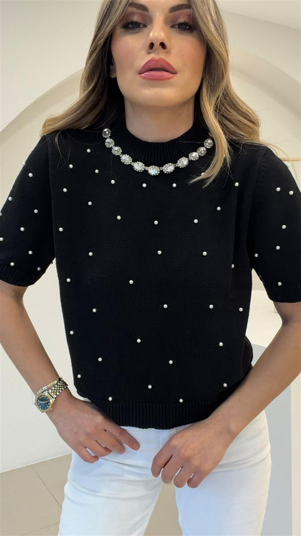 TASARIM TAŞ VE İNCİ DETAYLI KISA KOL KAZAK