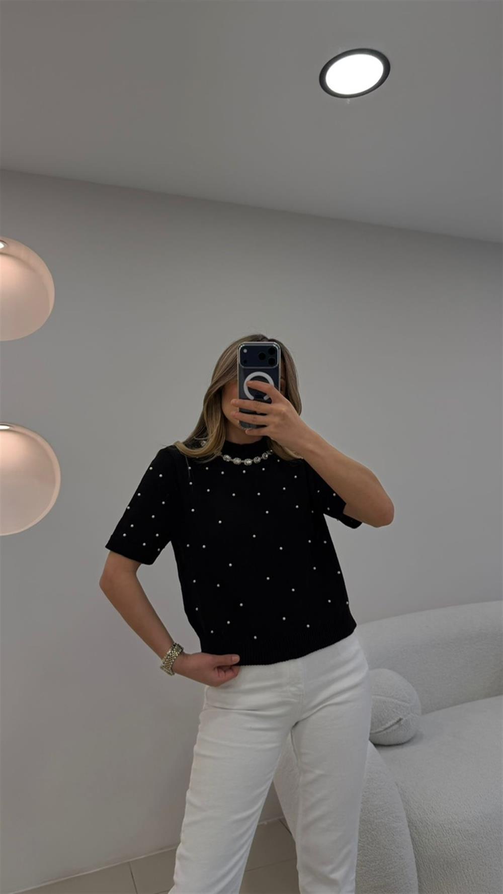 TASARIM TAŞ VE İNCİ DETAYLI KISA KOL KAZAK