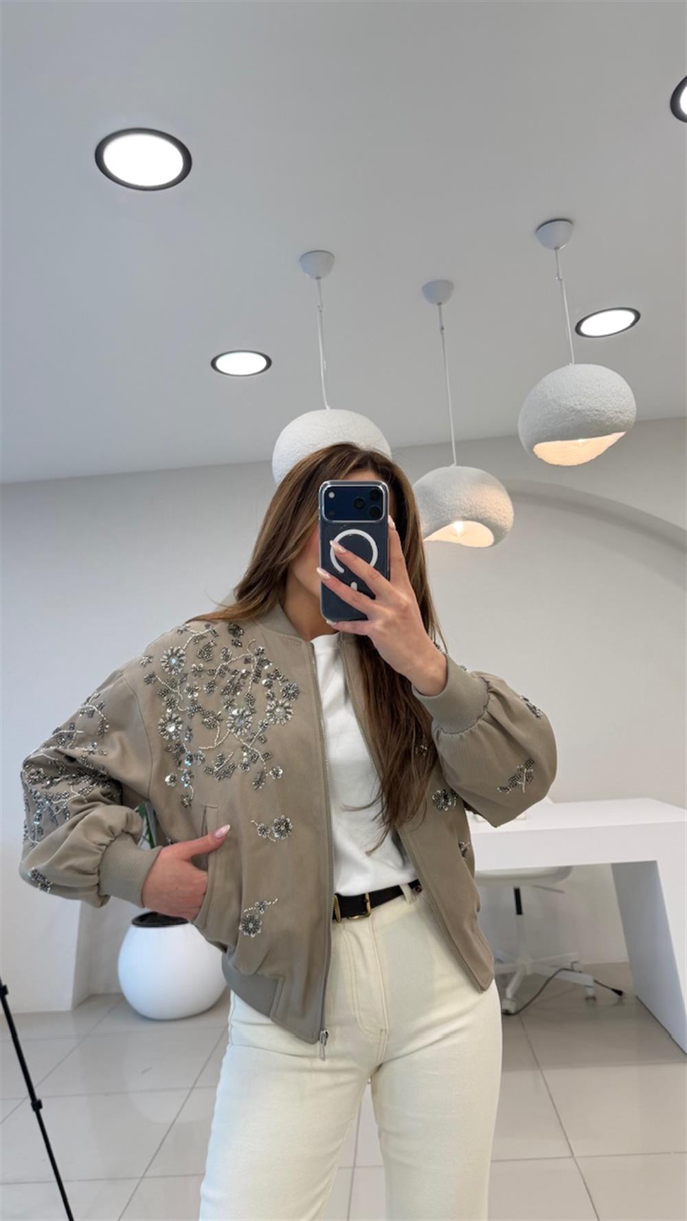 TASARIM TAŞLI BOMBER CEKET  VİZON