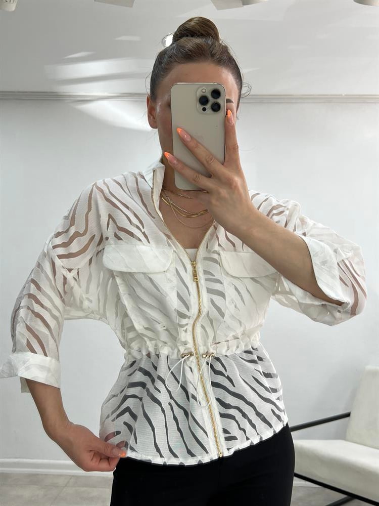 Tasarim Tül Desenli̇ Ceket Beyaz