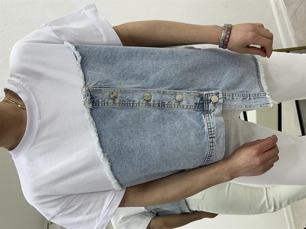 Tasarim Twi̇st Model Deni̇m Detayli Tshi̇rt Beyaz