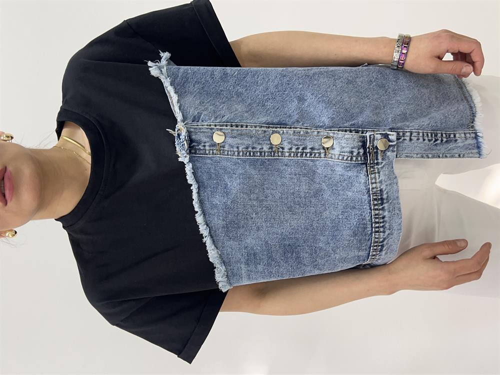 Tasarim Twi̇st Model Deni̇m Detayli Tshi̇rt Si̇yah